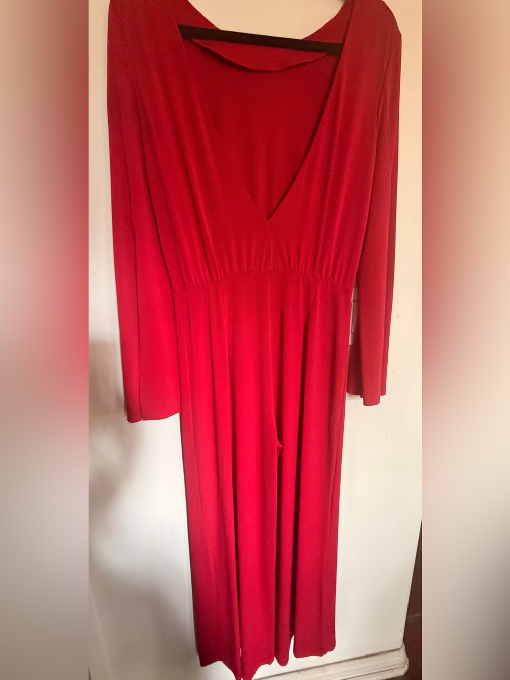 H&M Red Wide Leg Jumpsuit | Deep V Neck | Long Sleeve-12